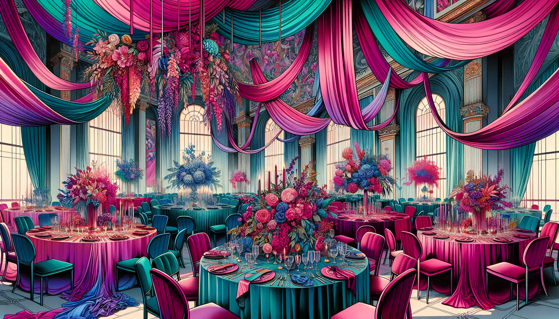 Illustration of bold and vibrant wedding colour trends for 2024